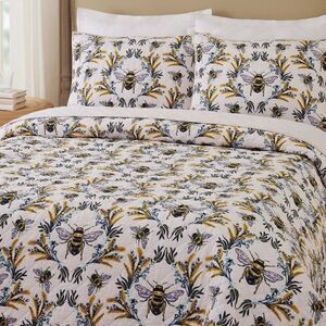 Honey Bumble Bee Cottage Core 100% Cotton Printed QUEEN Quilt Set Farmhouse Boho